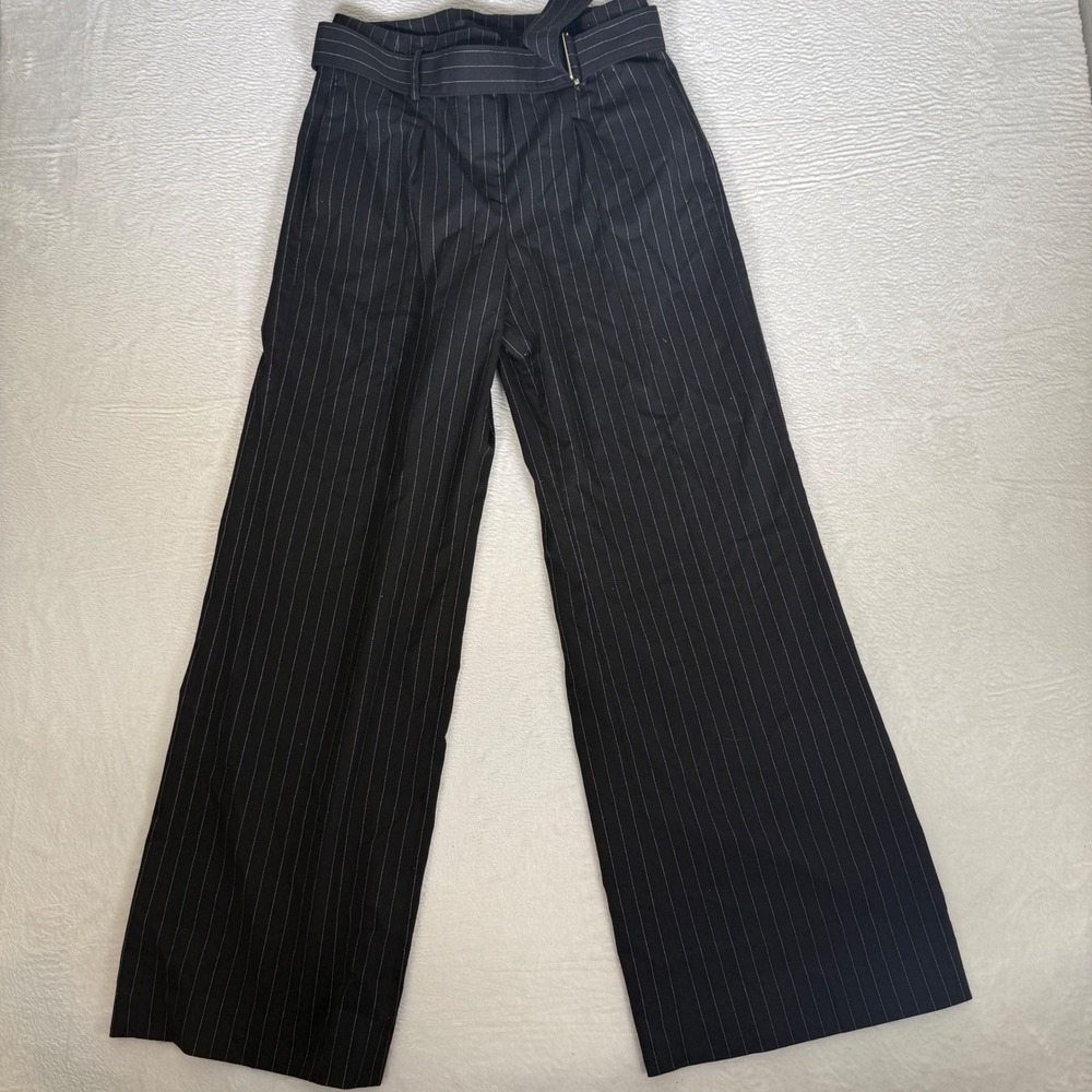 White House Black Market Black Pinstripe Wide Leg Belted Dress Pants Size 6